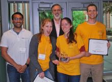 BioE award winners are (left to right) Yogi Patel, Kirsten Parratt, Ross Ethier, Kathleen Bates, and Stephen Schwaner.