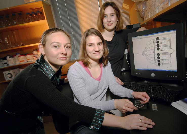 Georgia Tech engineers Catherine Rivet, Abby Hill and Melissa Kemp (left-right) display a diagram of the microfluidic device they used to assess T cells. The drawing illustrates the channels used to measure signaling events. (Credit: Gary Meek)